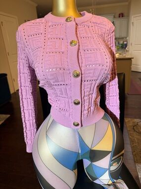 Pink Knit Cropped Cardigan with Gold Buttons